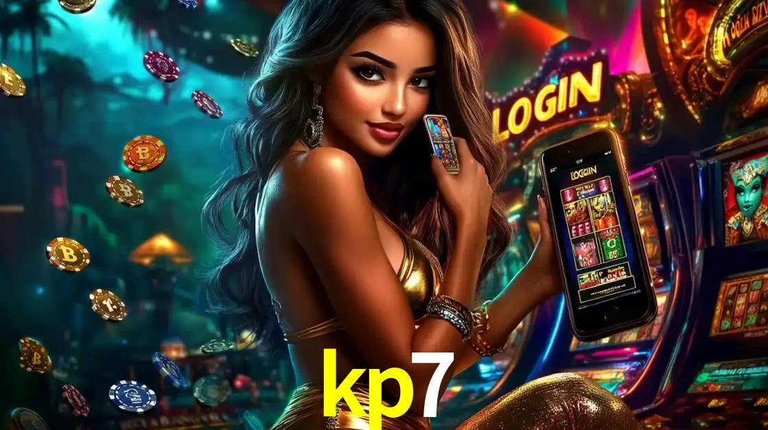 Mulher em um cenário de cassino temático de aventura, mostrando o app de caça-níqueis da kp7 no celular. Fichas de apostas flutuam ao redor.