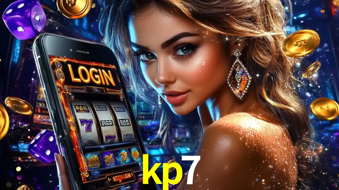 Mulher glamorosa segurando um smartphone com a tela de login para os jogos de caça-níqueis do cassino online kp7, com moedas de ouro e dados ao redor.