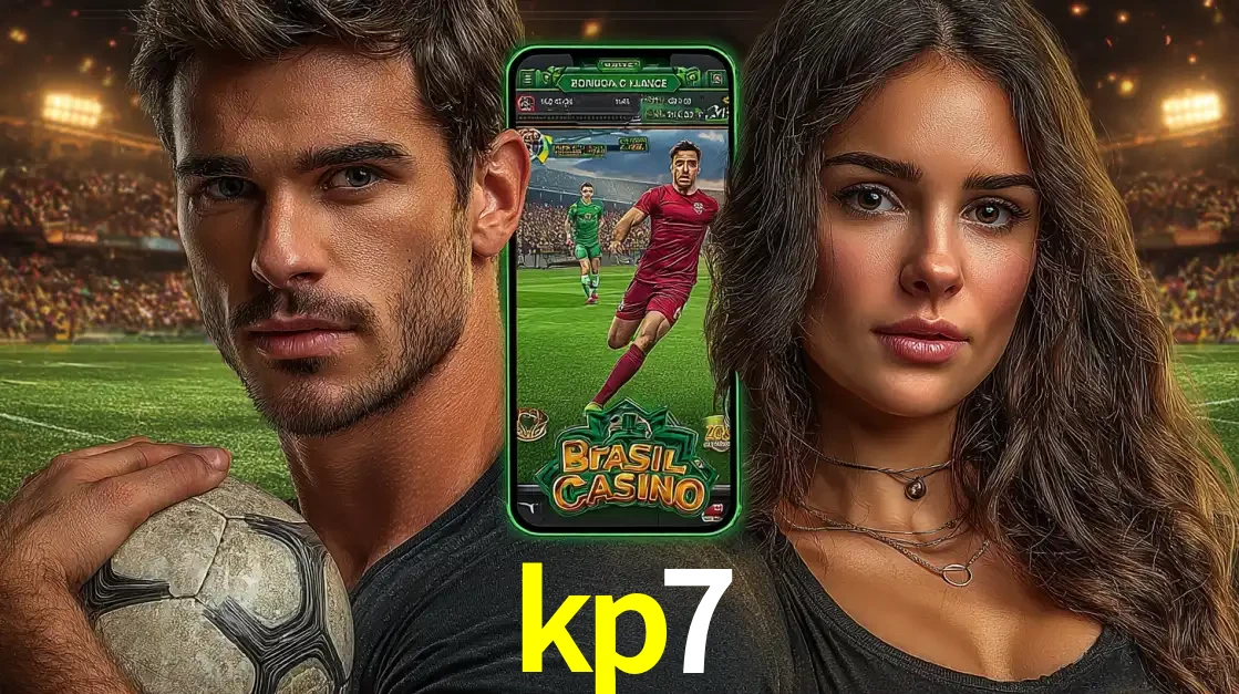 Homem segurando uma bola de futebol e uma mulher ao lado de um smartphone exibindo o jogo de apostas esportivas da kp7. Faça seu palpite no cassino online.
